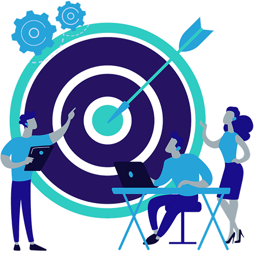 Icon of a archers target and a arrow in the bullseye and business men and women around happy